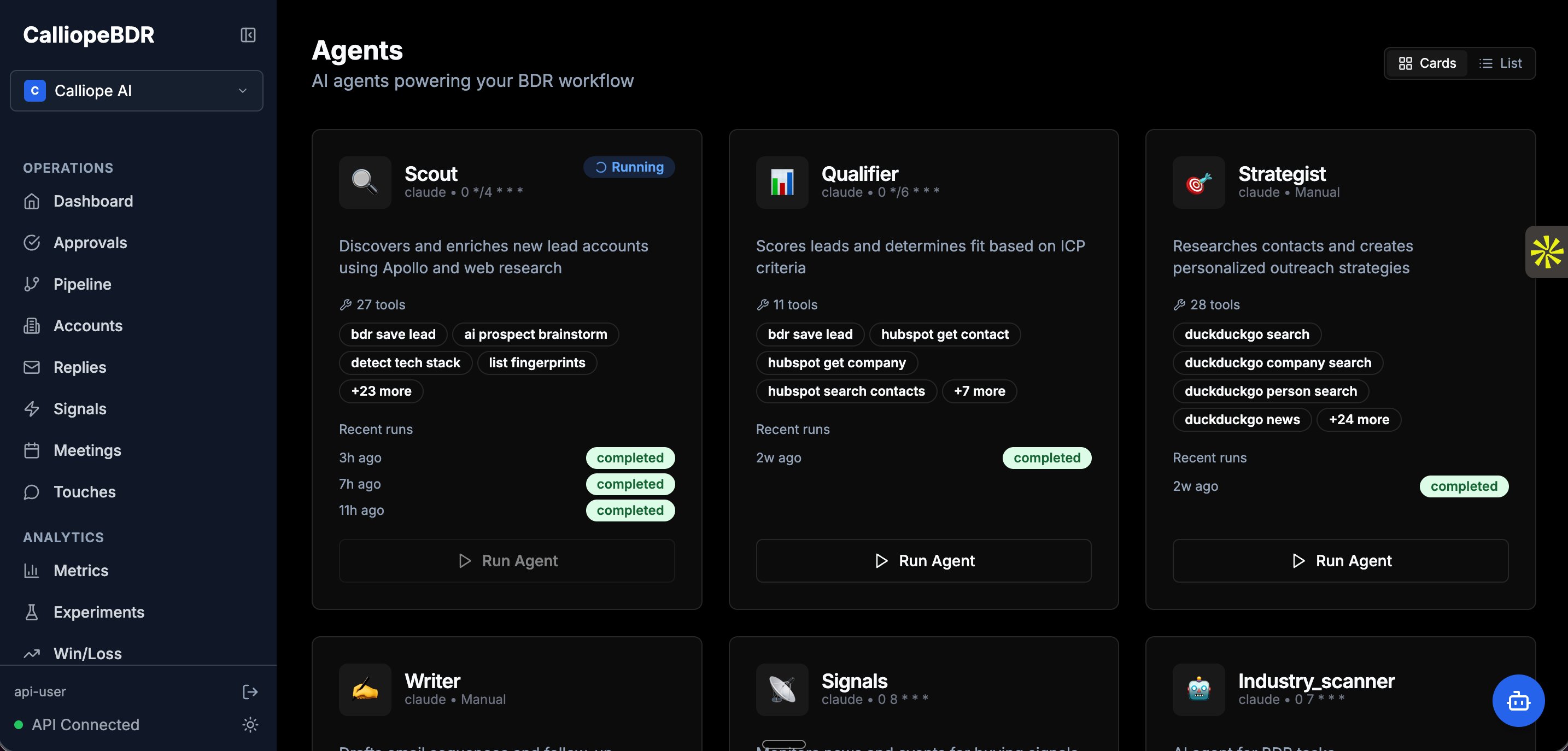 Screenshot of CalliopeBDR multi-agent system dashboard showing six AI agents — Scout, Qualifier, Strategist, Writer, Signals, and Industry_scanner — with their tools, recent runs, and live status